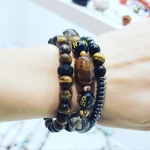 Stack Of 3 Bracelets/ Tiger Eye, Agate, Hematite, Picture Jasper